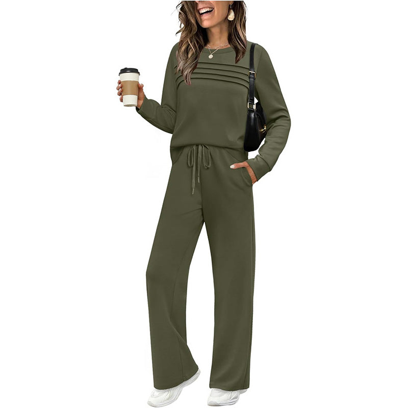 Beige women's crew neck top and drawstring pants set by Aurenza Shop, casual clothing ensemble for relaxed style.