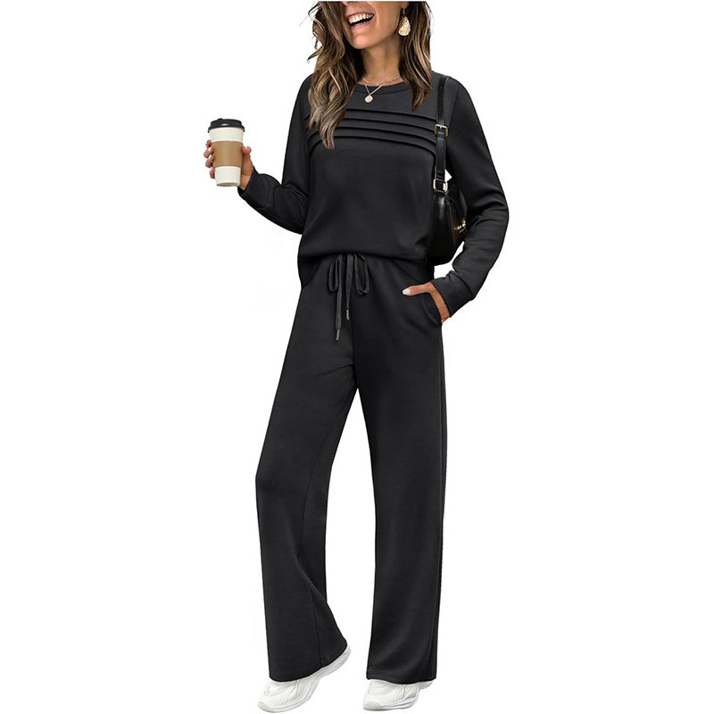 Beige women's crew neck top and drawstring pants set by Aurenza Shop, casual clothing ensemble for comfortable style.