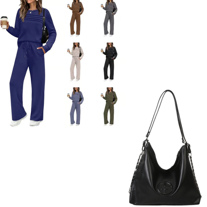 Beige women's crew neck top and drawstring pants set from Aurenza Shop, casual clothing ensemble displayed in the image.
