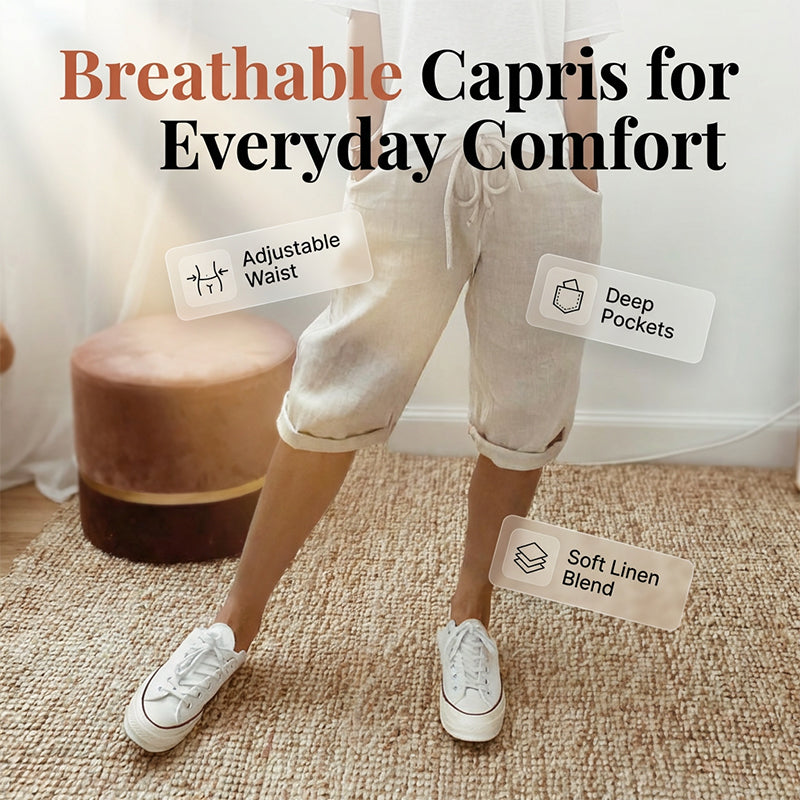 Women's casual cotton linen capris by Aurenza Shop, off-white color, comfortable and breathable for everyday wear.
