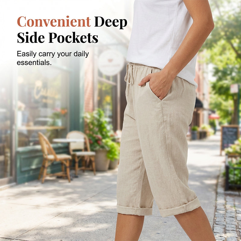 Women’s casual cotton linen capris in off-white, featuring a relaxed fit and comfortable design from Aurenza Shop.