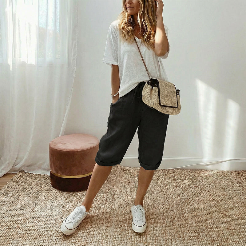 Women’s casual cotton linen capris in off-white, featuring a relaxed fit and comfortable design from Aurenza Shop.