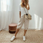 Women's casual cotton linen capris from Aurenza Shop, off-white, comfortable and stylish for everyday wear.