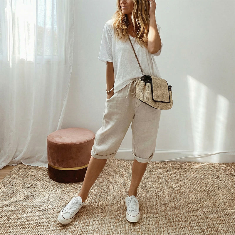Women's casual cotton linen capris from Aurenza Shop, off-white, comfortable and stylish for everyday wear.