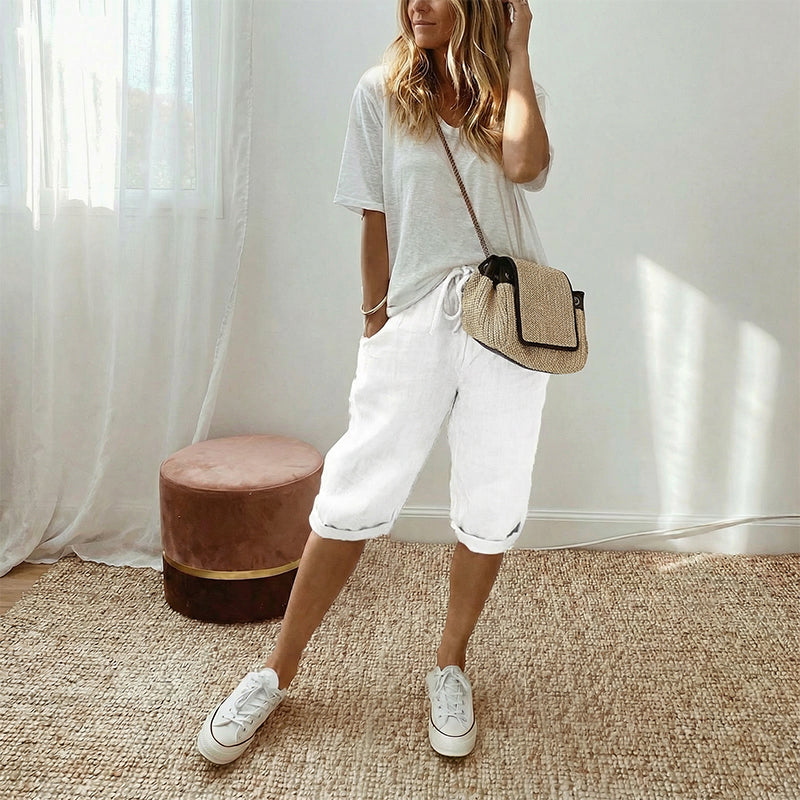 Women's casual cotton linen capris from Aurenza Shop, off-white, comfortable and stylish for everyday wear.