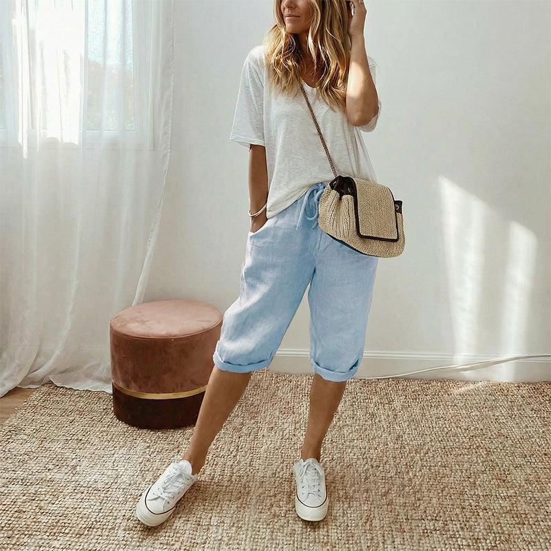 Women's casual cotton linen capris by Aurenza Shop, off-white color, comfortable and stylish for everyday wear.