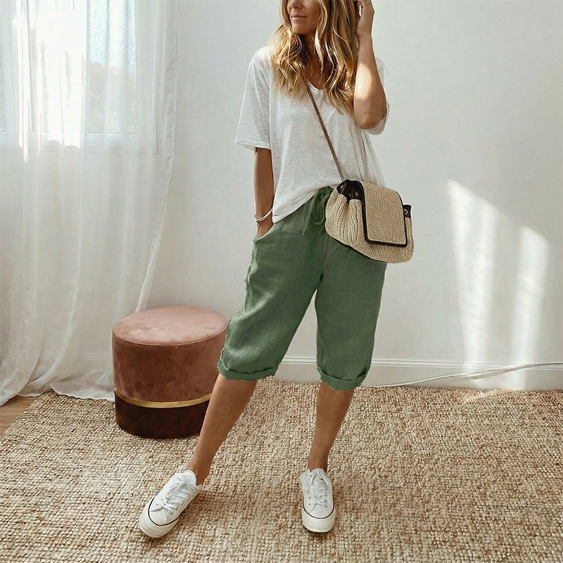 Off-white women's casual cotton linen capris with a relaxed fit, perfect for summer comfort and everyday wear.