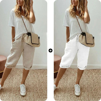 Women's casual cotton linen capris from Aurenza Shop, off-white color, comfortable relaxed fit for everyday wear.
