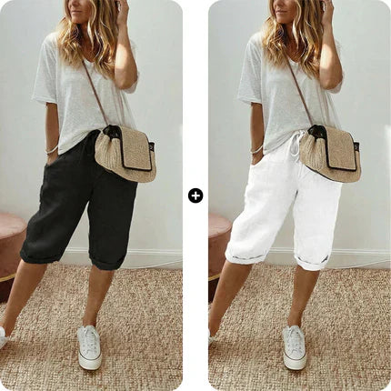 Off-white women's cotton linen capris from Aurenza Shop, casual and comfortable for everyday wear.
