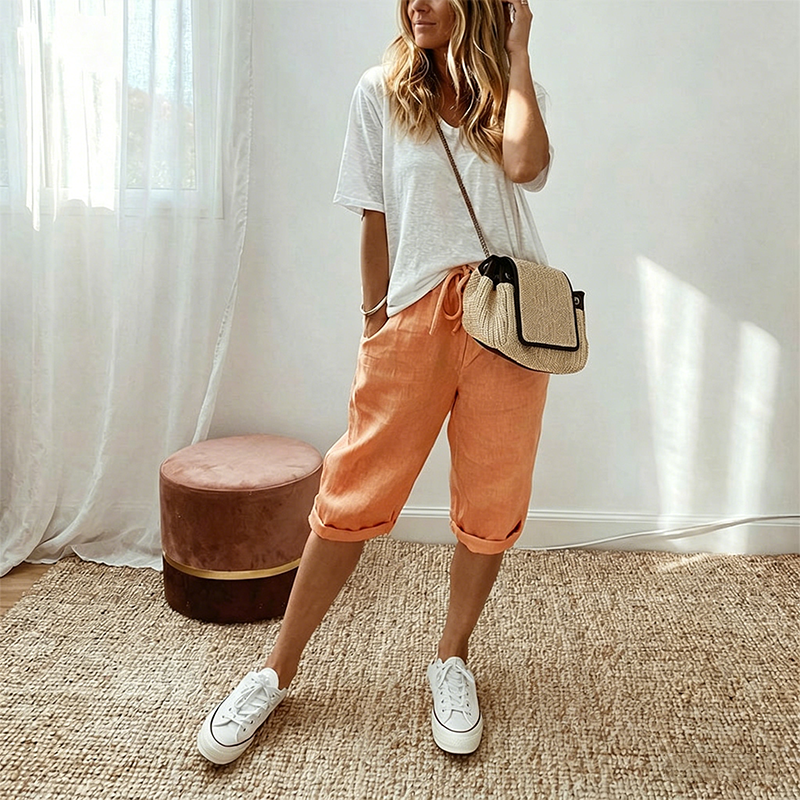 Women's casual cotton linen capris from Aurenza Shop, off-white color, lightweight and comfortable for everyday wear.