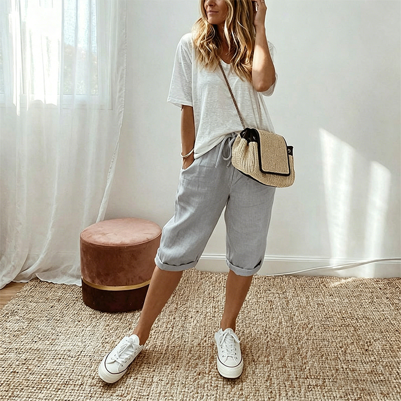 Women's casual cotton linen capris in off-white, stylish and comfortable, by Aurenza Shop, perfect for warm weather wear.