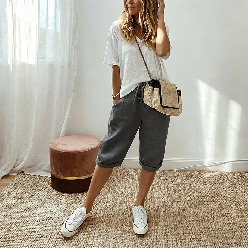 Women's casual cotton linen capris from Aurenza Shop, off-white color, comfortable and stylish for everyday wear.