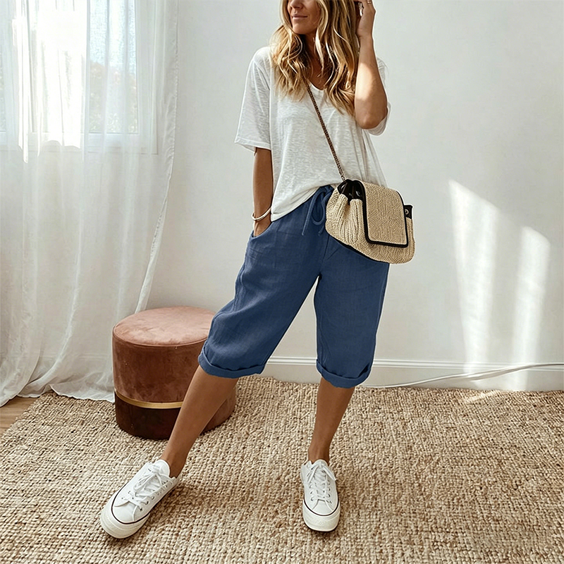Women's casual cotton linen capris from Aurenza Shop, off-white with relaxed fit and comfortable fabric for everyday wear.