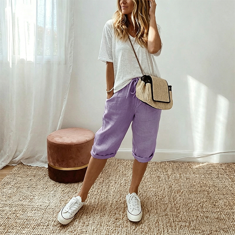 Off-white women's casual cotton linen capris by Aurenza Shop, comfortable and stylish for everyday wear.