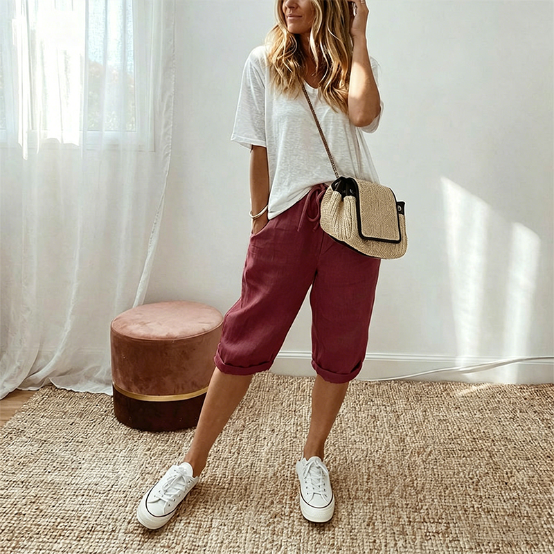 Women's casual cotton linen capris by Aurenza Shop, off-white color, comfortable and stylish for everyday wear.
