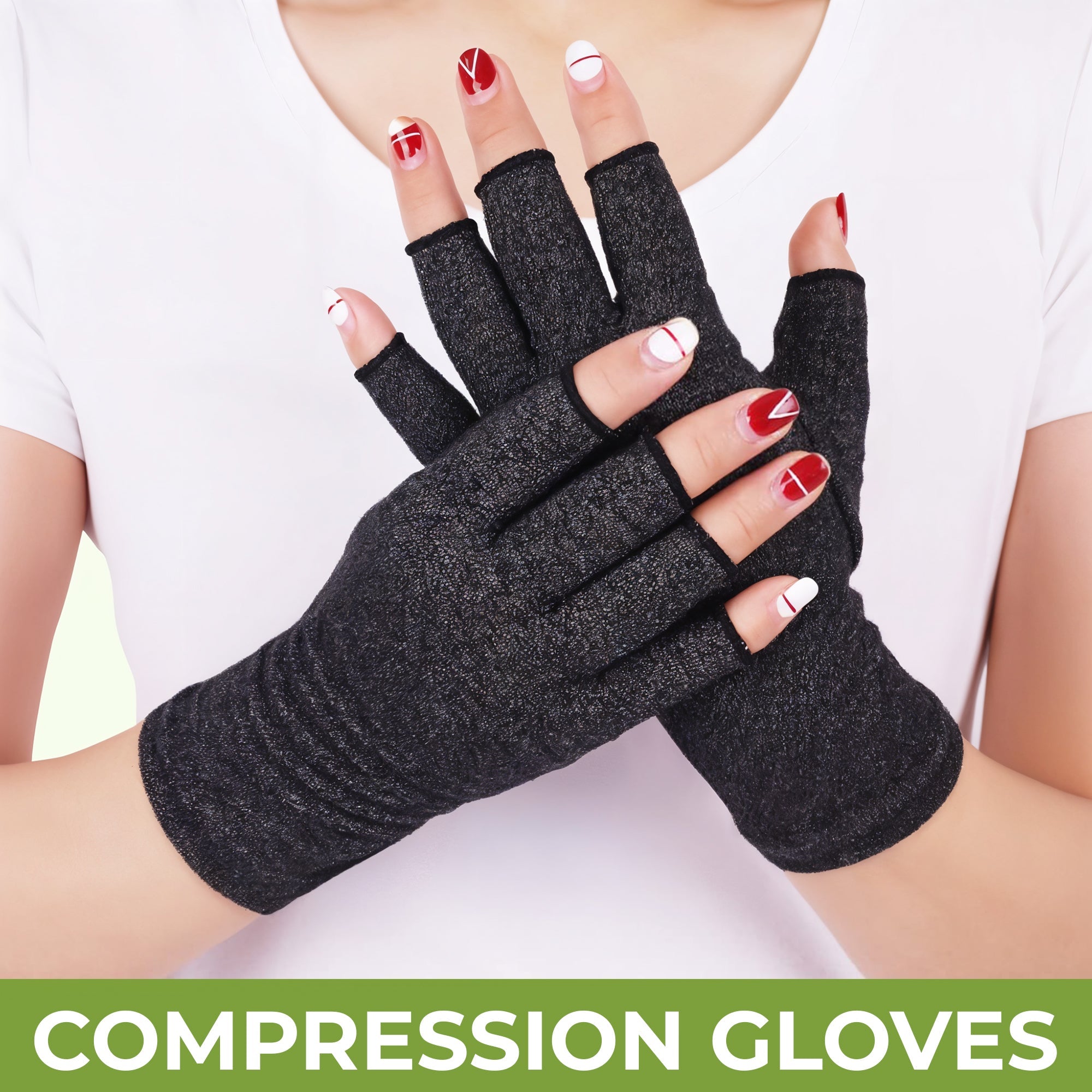 Black Aurenza Shop compression gloves with small 8-inch width across knuckles, designed to soothe hand discomfort and promote relaxation.
