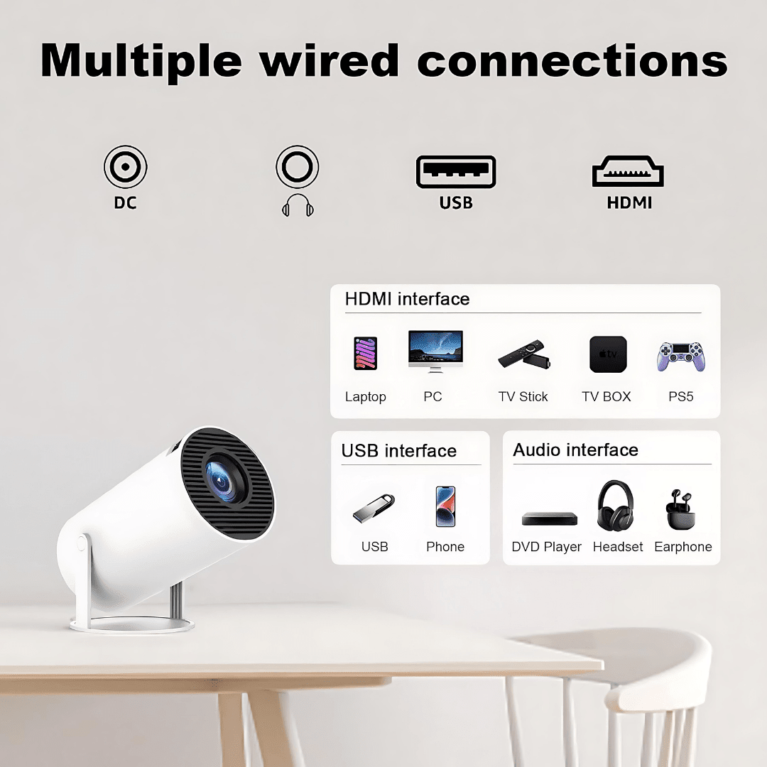 Aurenza Shop PortaView360 Pro Ultra HD portable projector displaying a vibrant image on a wall, compact and lightweight design.