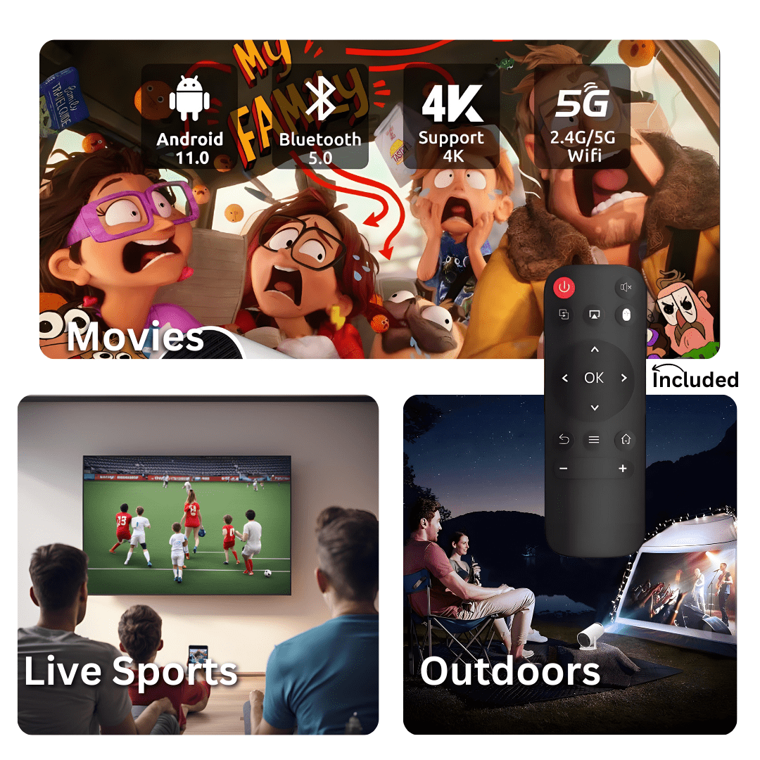 Aurenza Shop PortaView360 Pro Ultra HD portable projector with corded starter bundle, compact design, and high-resolution display.