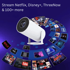 Aurenza PortaView360 Pro Ultra HD portable projector with corded starter bundle, compact design, and high-resolution projection.