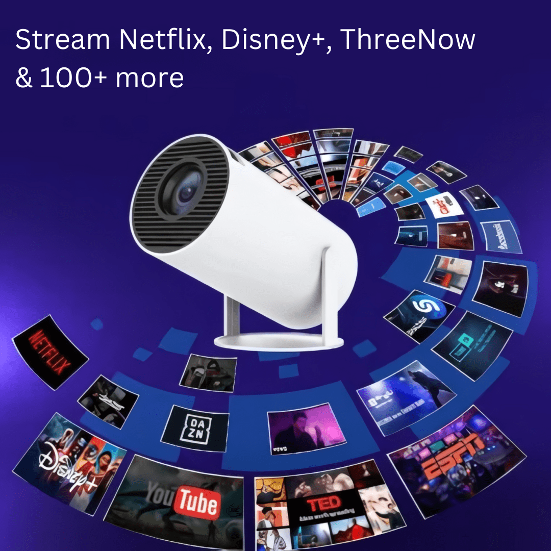 Aurenza PortaView360 Pro Ultra HD portable projector with corded starter bundle, compact design, and high-resolution projection.