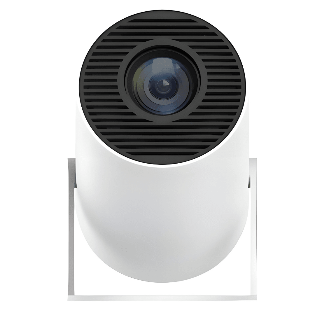 Aurenza Shop PortaView360 Pro Ultra HD portable projector displaying a vibrant image on a wall.