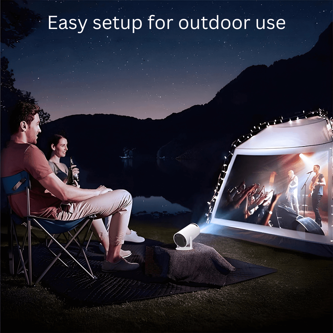 Aurenza PortaView360 Pro Ultra HD portable projector with corded starter bundle, compact design, and high-resolution projection capabilities.