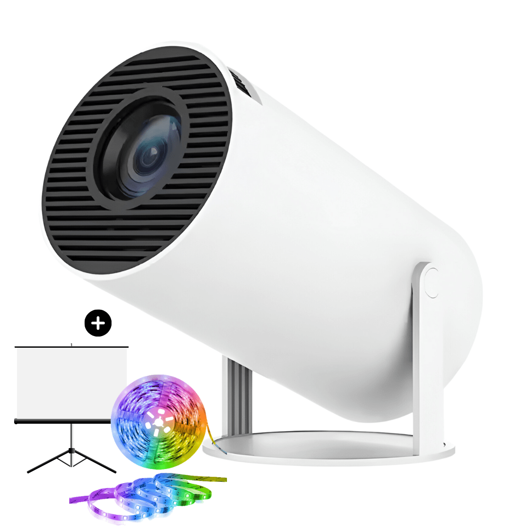 Aurenza PortaView360 Pro Ultra HD portable projector with corded starter bundle, compact design, and high-resolution display.