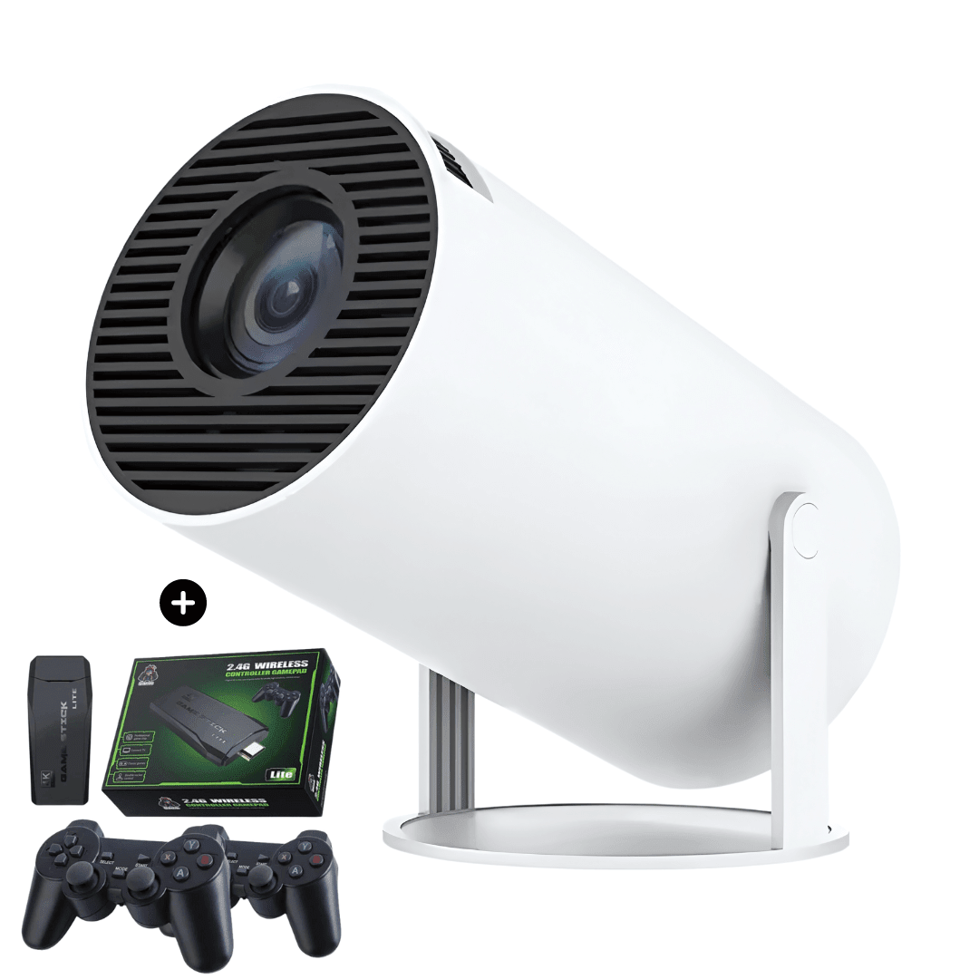Aurenza Shop PortaView360 Pro Ultra HD portable projector with corded connection and compact design for home or travel use.