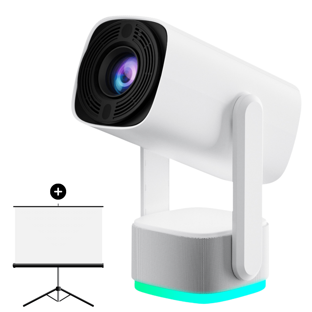 Aurenza PortaView360 Pro Ultra HD portable projector displaying bright, clear images on a wall, with a sleek compact design.