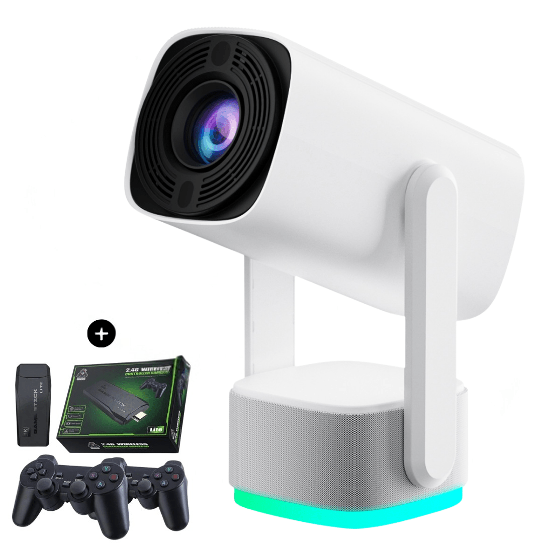 Aurenza PortaView360 Pro Ultra HD portable projector showing a clear, bright image on a wall in a home theater setting.