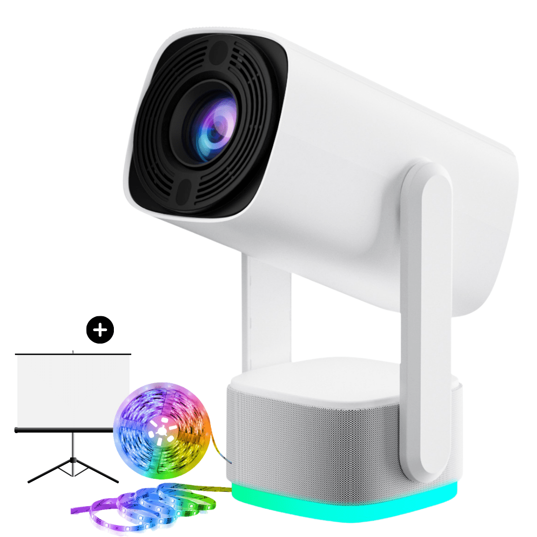 Aurenza Shop PortaView360 Pro Ultra HD portable projector displaying a vibrant image on a wall.