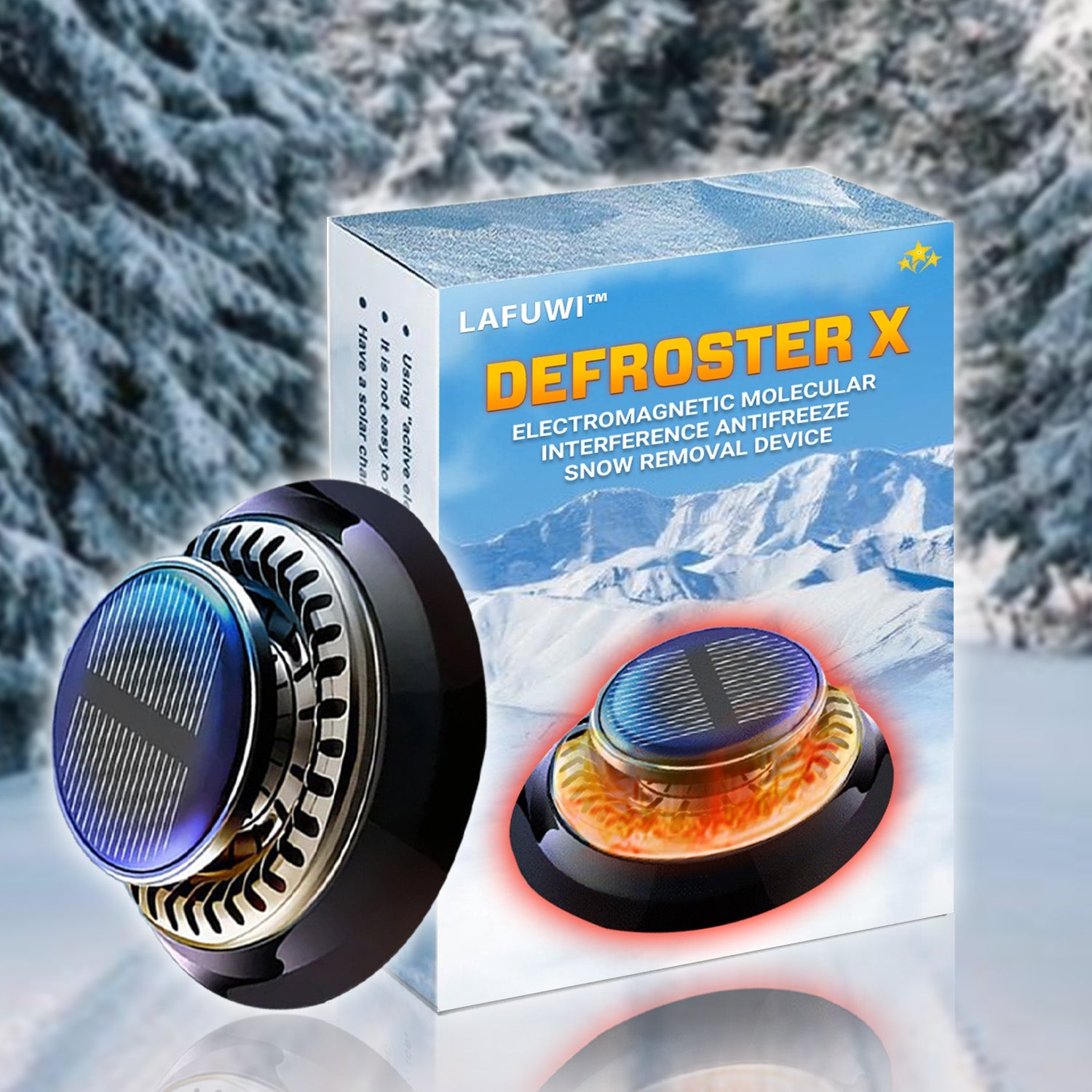 Lafuwi™ DefrosterX electromagnetic car snow removal device on a vehicle, designed to melt ice and snow efficiently.