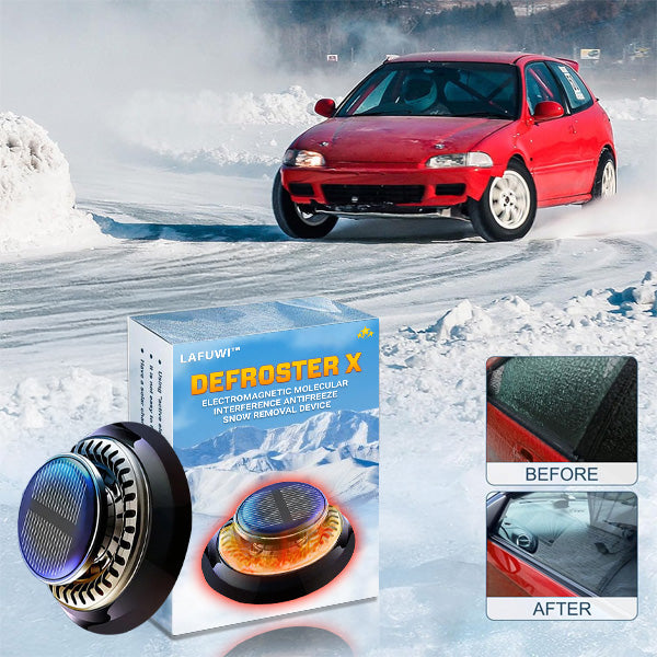 Lafuwi™ DefrosterX electromagnetic car snow removal device on a car windshield, designed to melt ice and snow efficiently.
