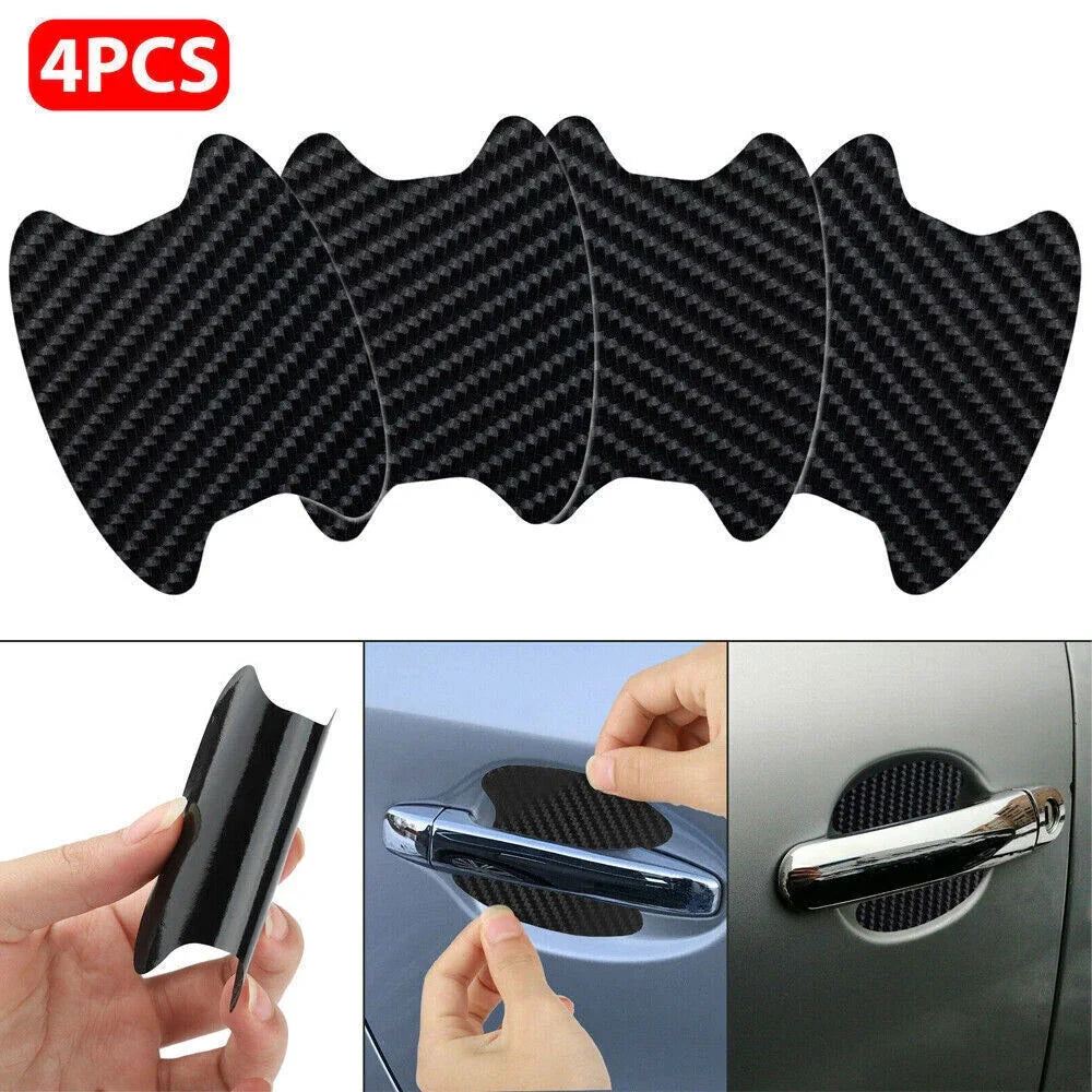 Set of four Aurenza Shop carbon fiber car door handle protectors with anti-scratch film for vehicle door handle accessories.