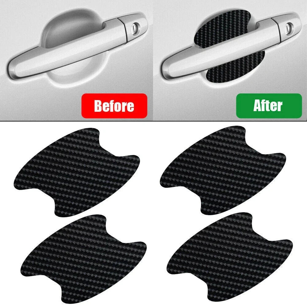 Set of four Aurenza Shop carbon fiber door handle protector films showing sleek, anti-scratch covers on car door handles.