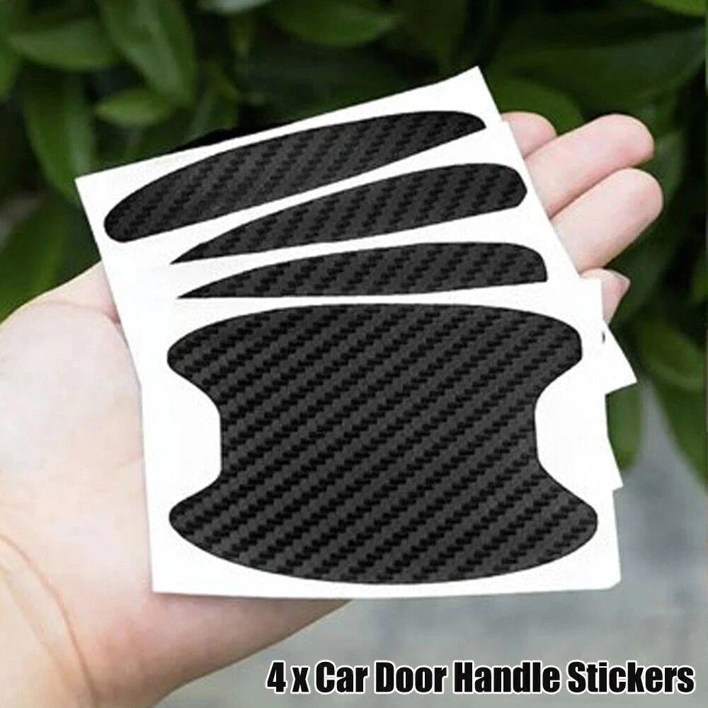Set of four Aurenza Shop carbon fiber door handle protectors with anti-scratch film for car door handles.