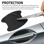 Set of four Aurenza Shop carbon fiber door handle protector films with anti-scratch stickers for car door protection.