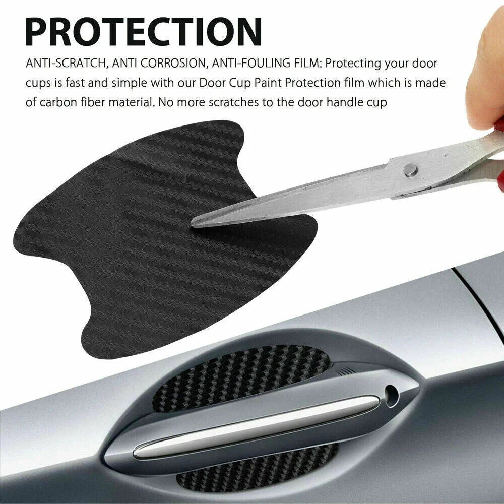 Set of four Aurenza Shop carbon fiber door handle protector films with anti-scratch stickers for car door protection.