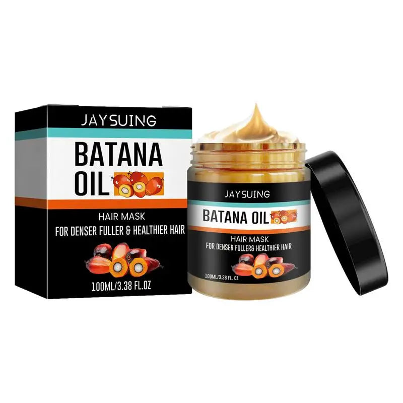 Aurenza Batana Hair Revival Cream jar with label, showing the product in a natural setting for healthy hair care.