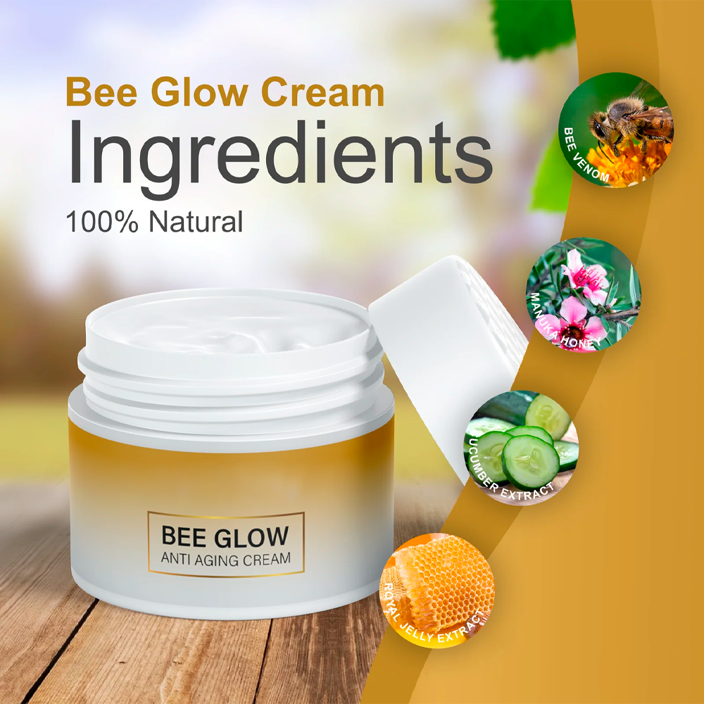 Aurenza Bee Glow Anti-Aging Cream jar with gold and white packaging, showcasing a luxurious skincare product for youthful skin.