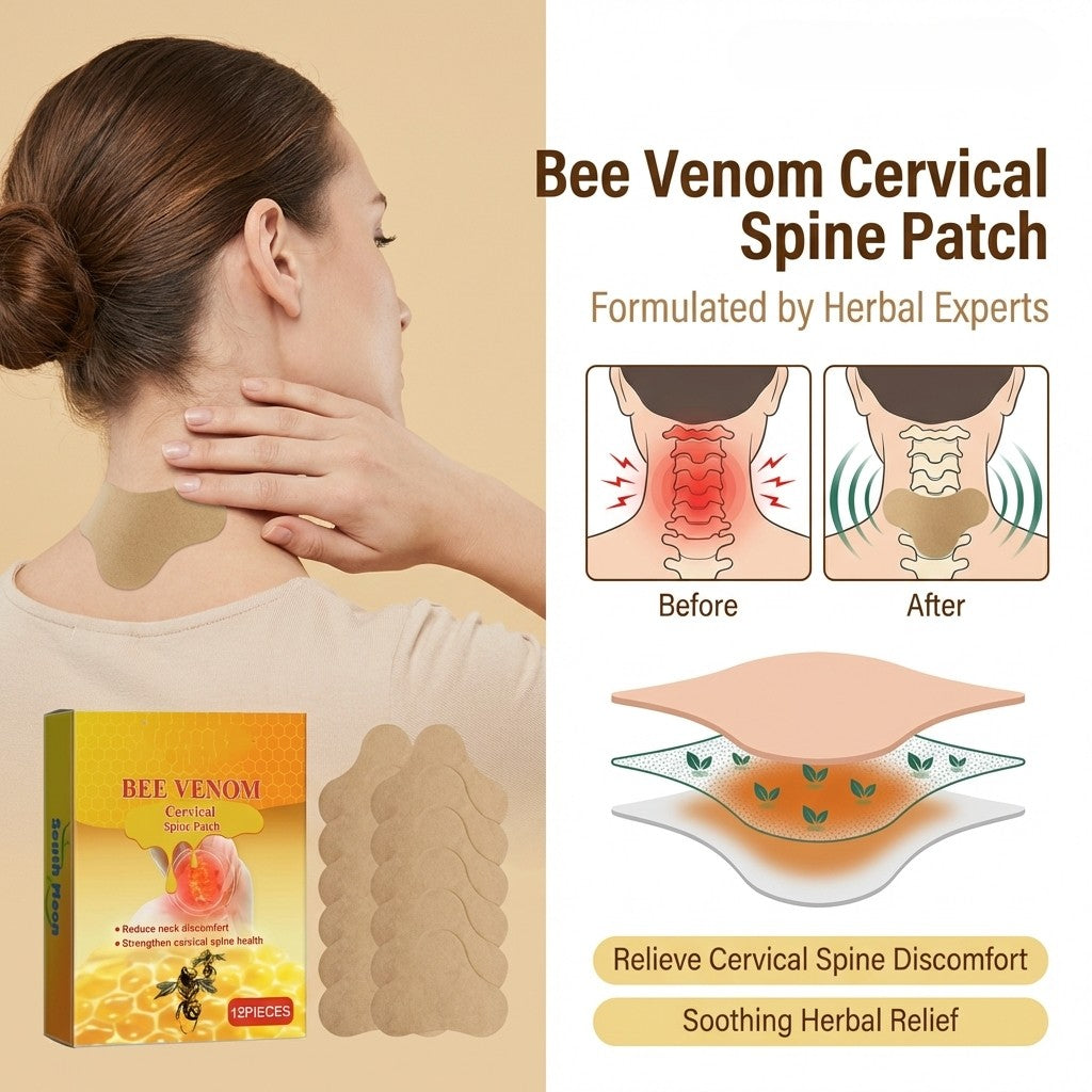 Aurenza Shop Bee Venom Cervical Spine Relief Patches on neck and back, showing adhesive patches designed for pain relief.