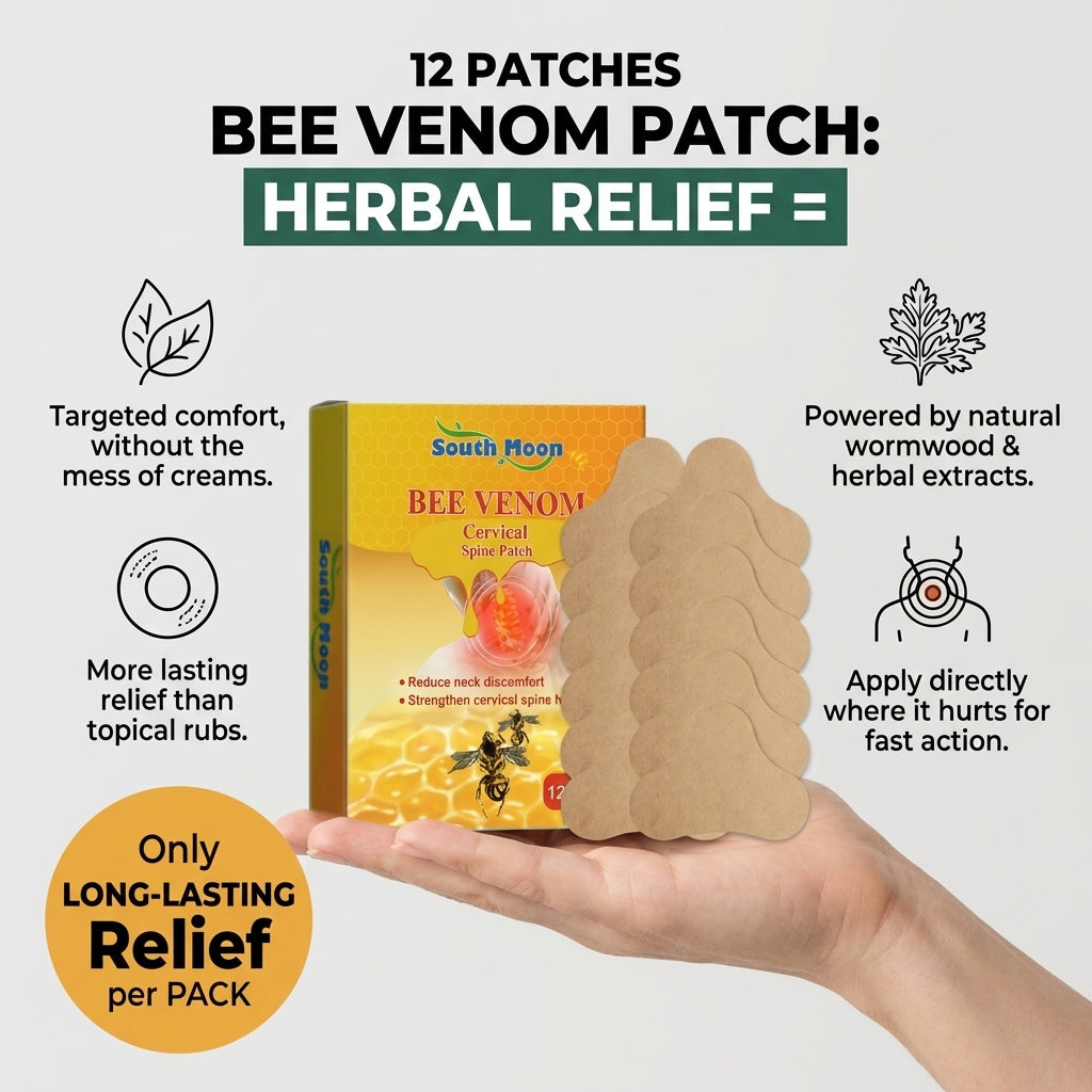 Aurenza Shop Bee Venom Cervical Spine Relief Patches for neck and back, showing the patches and packaging on a neutral background.