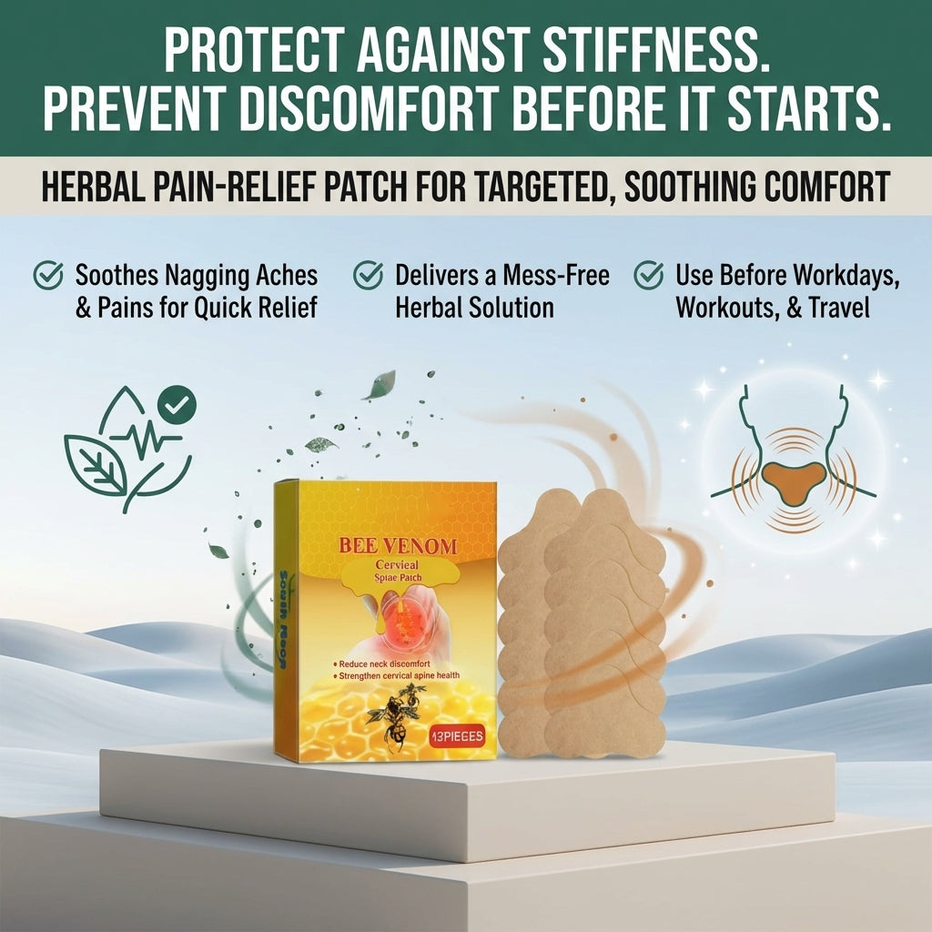Aurenza Bee Venom Cervical Spine Relief Patches for neck and back, shown applied to a person's upper neck area for pain relief.