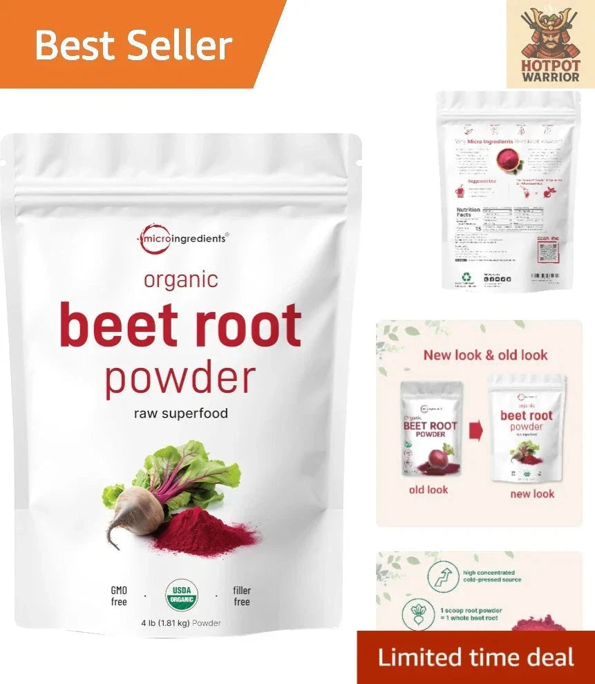 Aurenza Shop organic beet root powder in a 4lb bag, cold pressed, high concentration, no additives, with a scoop of powder visible.