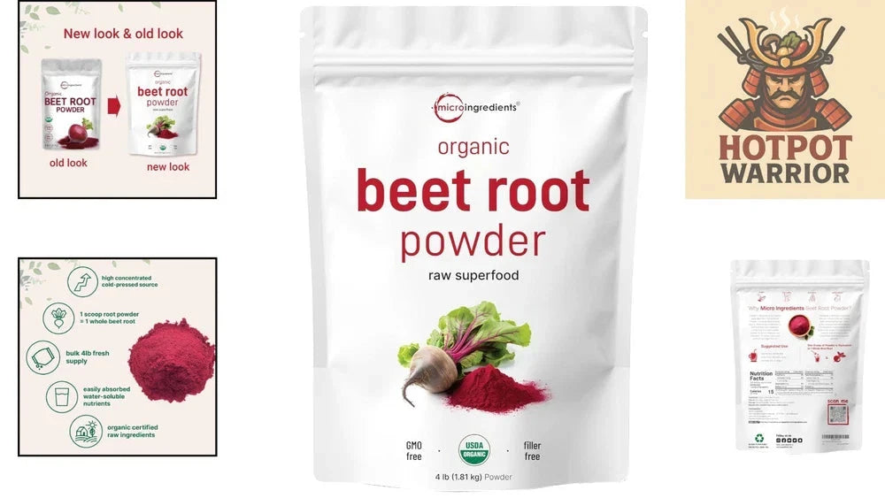 Aureza Shop cold pressed organic beet root powder in a 4lb bag, high concentration, no additives, with a close-up of the powder in a bowl.