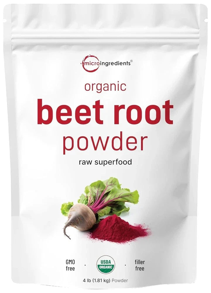 Cold pressed organic beet root powder in a 4lb bag from Aurenza Shop, high concentration, no additives, with a natural, earthy appearance.
