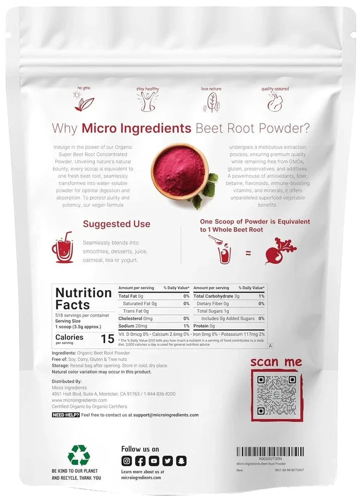 Aurenza Shop cold pressed organic beet root powder in a 4lb bag, showing the vibrant powdered beet root with no additives.