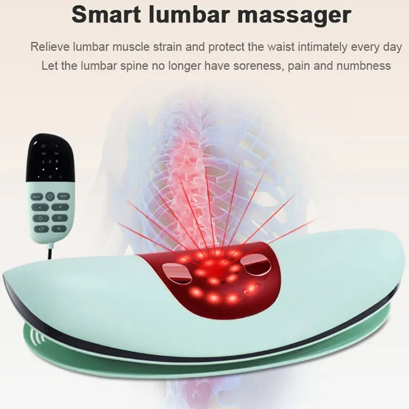 Aurenza ComfortEase lumbar massager with heat, showing a close-up of the device wrapped around a person's lower back for relaxation.