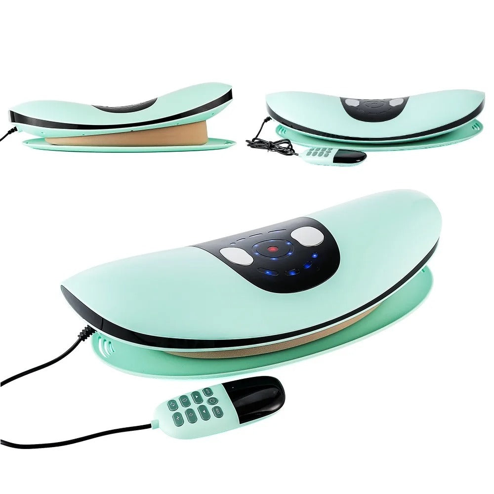 Aurenza ComfortEase lumbar massager with heat function, showing the device with adjustable straps and control panel in a home setting.