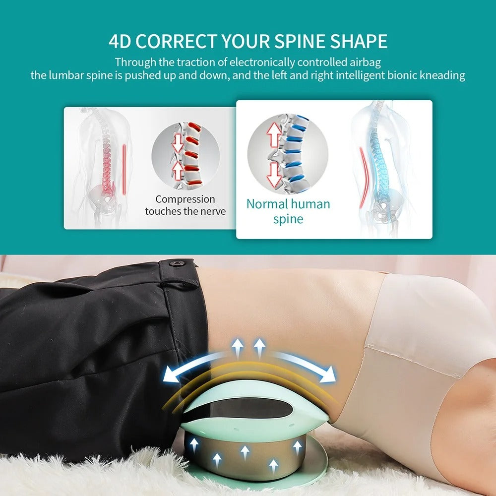 Aurenza ComfortEase lumbar massager with heat function, showing the device wrapped around a person's lower back for soothing relief.